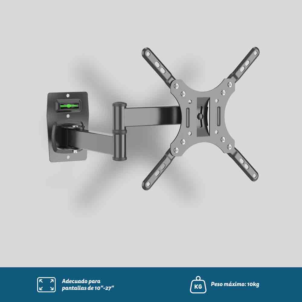 Un soporte de pared para TV, negro, con nivelador y soporte para pantallas de 10"-27", peso máximo 10 kg.