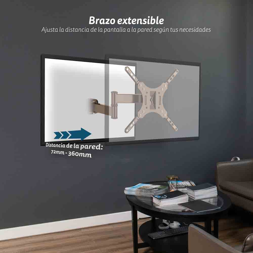 Un televisor montado en la pared con un brazo ajustable. Las flechas indican la distancia del televisor a la pared, 72 mm-360 mm.