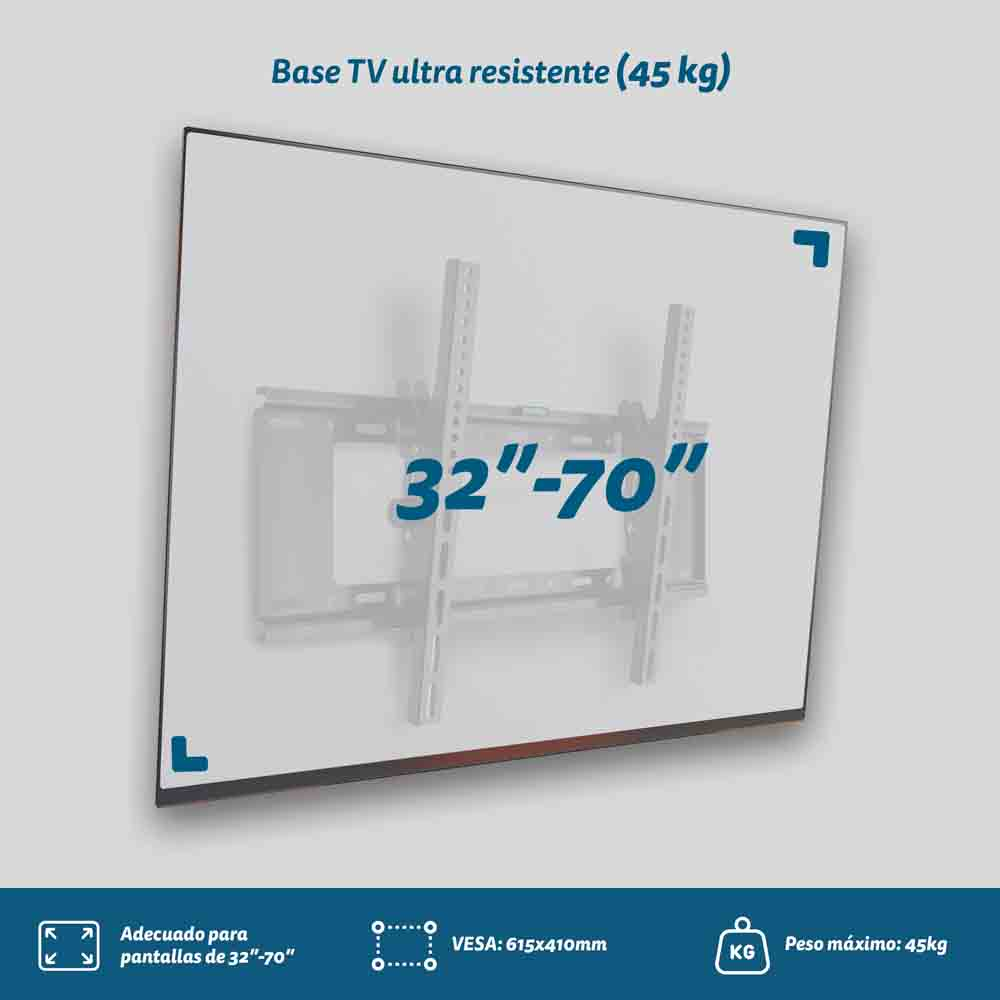 Soporte de TV, blanco, con texto que indica el rango de tamaño y el peso máximo que soporta.