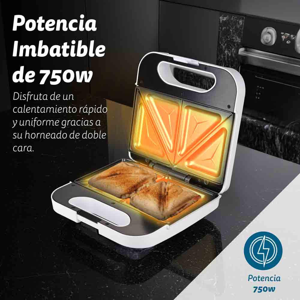 Tostadora mostrando dos sándwiches tostados con indicador de energía. Es blanca con la parte superior negra.