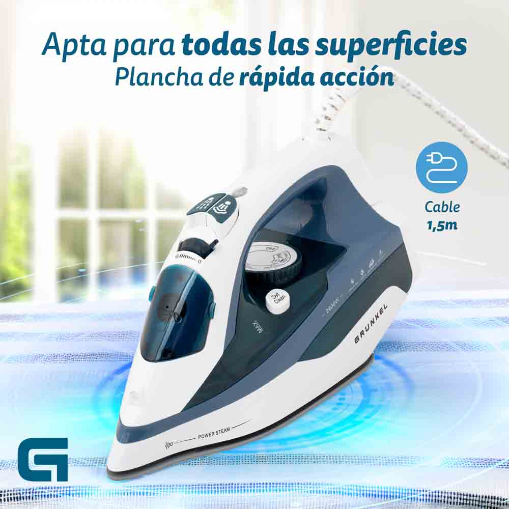 Plancha sobre una superficie azul. El texto dice: Apto para todas las superficies. El cable es de 1,5 m.