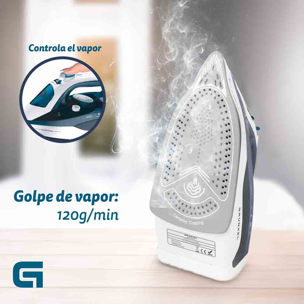 Una plancha con revestimiento cerámico, humeando, y un diagrama que muestra cómo controlar el vapor.