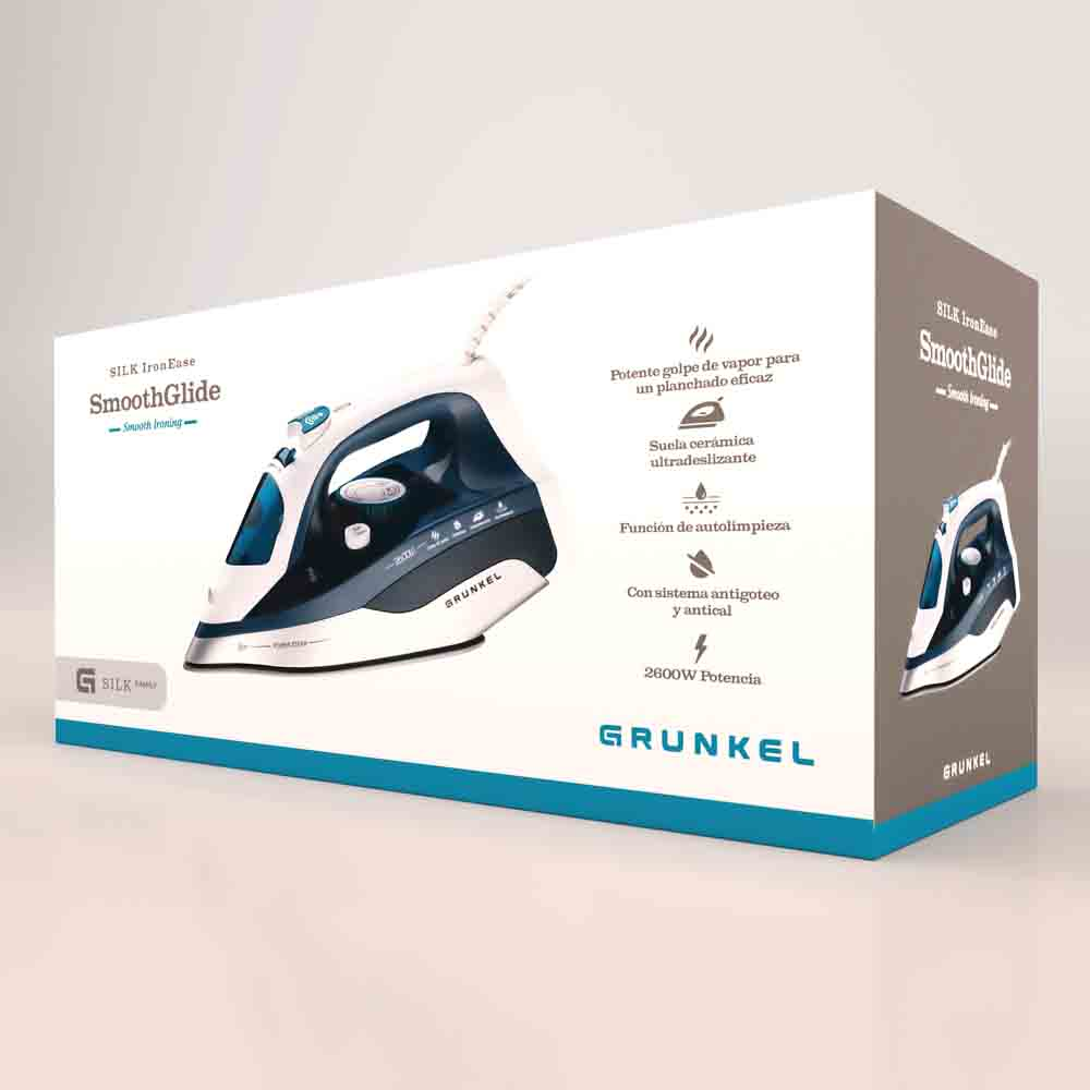 Caja de plancha GRUNKEL, mostrando las características y el diseño con el nombre del producto.