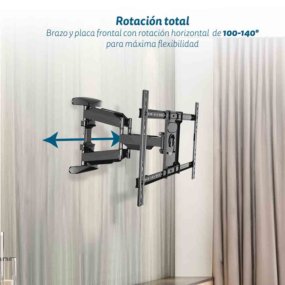 Soporte de TV en una pared, con flechas que muestran la dirección de ajuste. Texto: Rotación total para máxima flexibilidad.