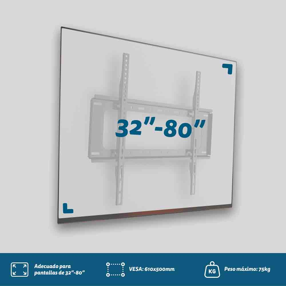 Un soporte de pantalla muestra un televisor sobre un fondo blanco. El texto dice 32"-80" y VESA 610x500mm.
