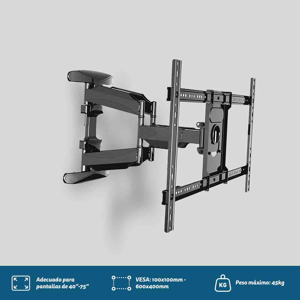 Un soporte de pared para TV negro. Texto: Adecuado para pantallas de 40"-75". Peso máximo 45 kg.