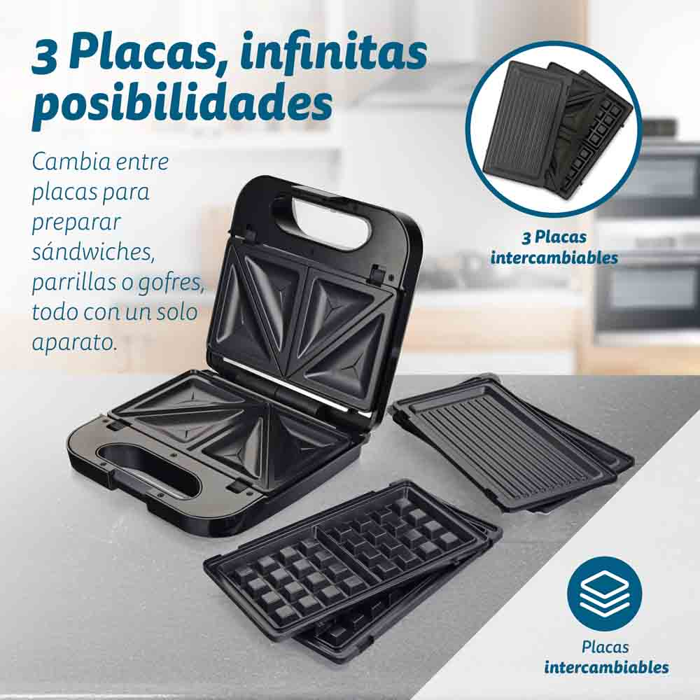 Sandwichera con tres placas intercambiables. Placas para sándwiches, parrillas y gofres. Negro y plata.