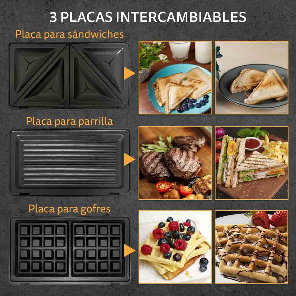 Una imagen que muestra tres placas intercambiables para una sandwichera, con ejemplos de alimentos.