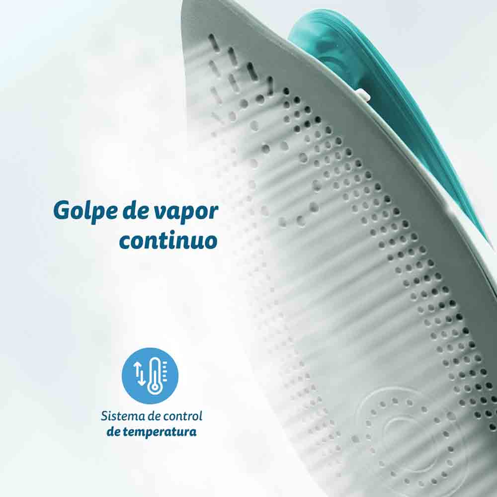 Primer plano de una plancha blanca con mango azul, sale vapor. El texto dice 'Golpe de vapor continuo'.