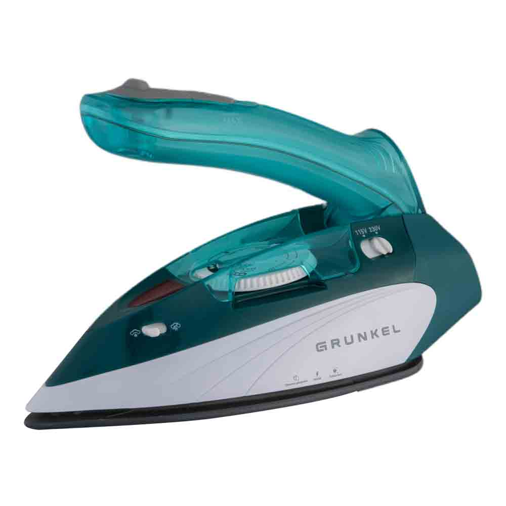 Plancha turquesa y blanca con logo Grunkel. Muestra dial, botones y asa transparente para depósito de agua.