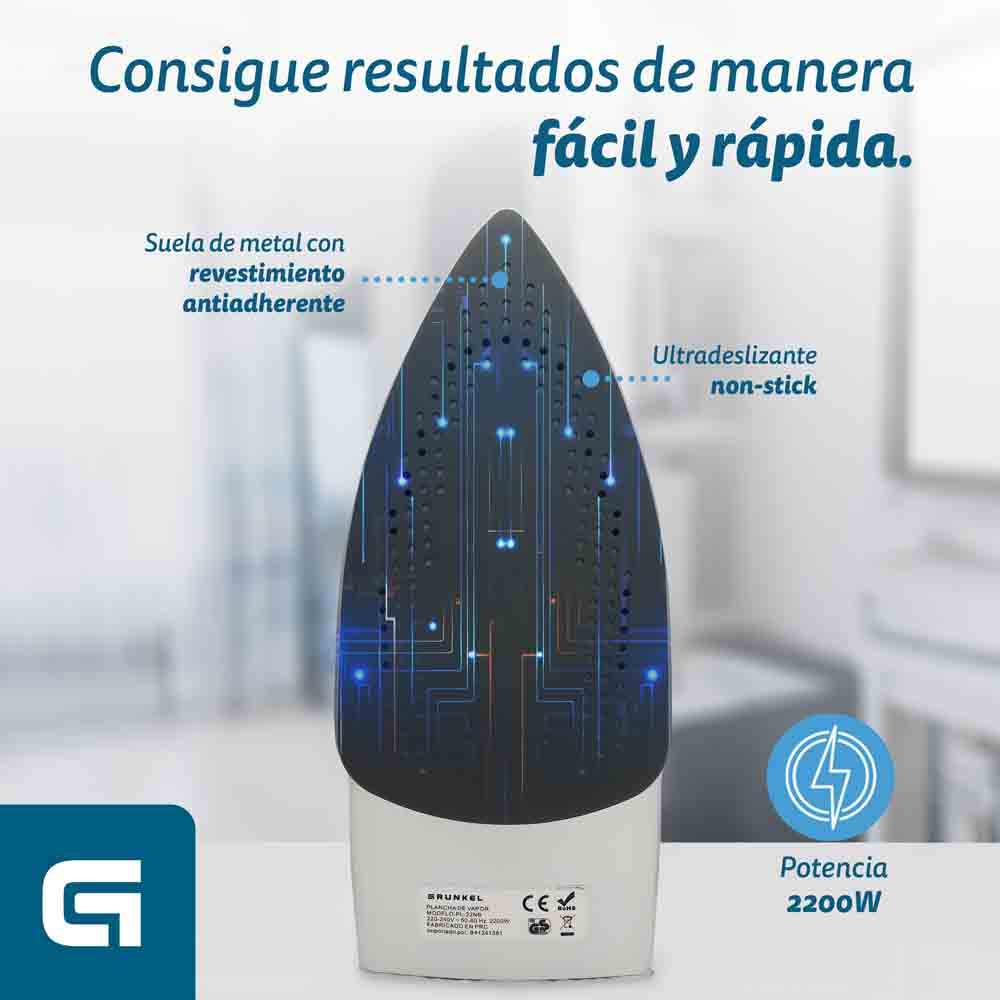 Una plancha blanca con una suela negra con líneas azules. Texto: Potencia 2200W. Suela antiadherente.