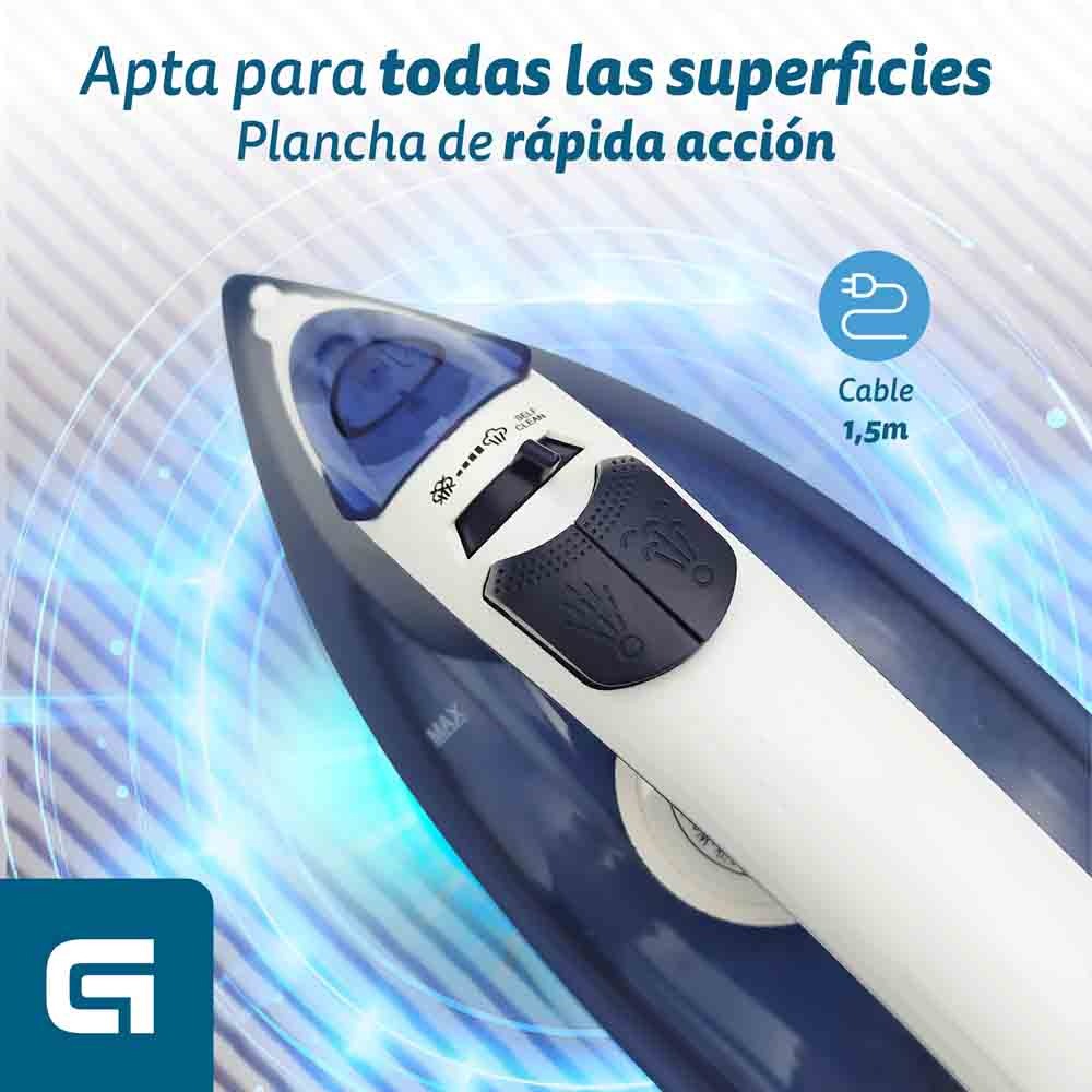 Plancha azul, con asa blanca. Texto dice 'Apta para todas las superficies' y 'Plancha de acción rápida'.