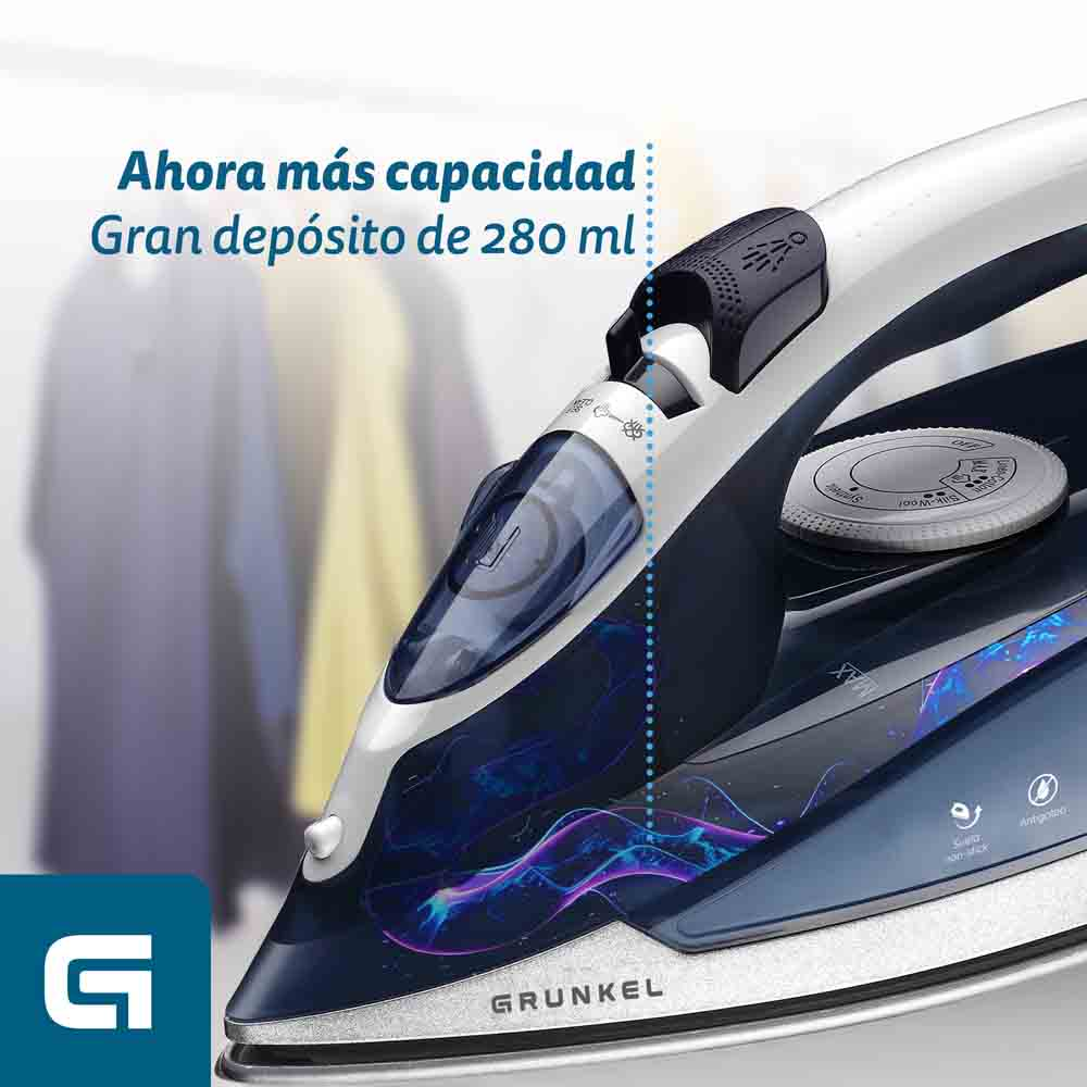 Una plancha azul y blanca con un gran depósito de agua. El texto indica una gran capacidad de 280 ml y la marca Grunkel.