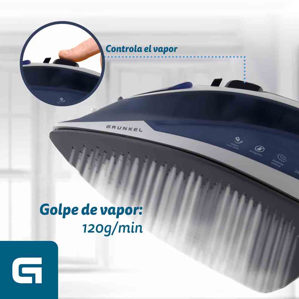 Una plancha con vapor saliendo. Texto: 'Golpe de vapor: 120g/min'.