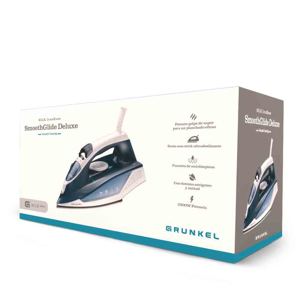 Una caja de producto para una plancha GRUNKEL SmoothGlide Deluxe, con imágenes de la plancha y detalles del producto.