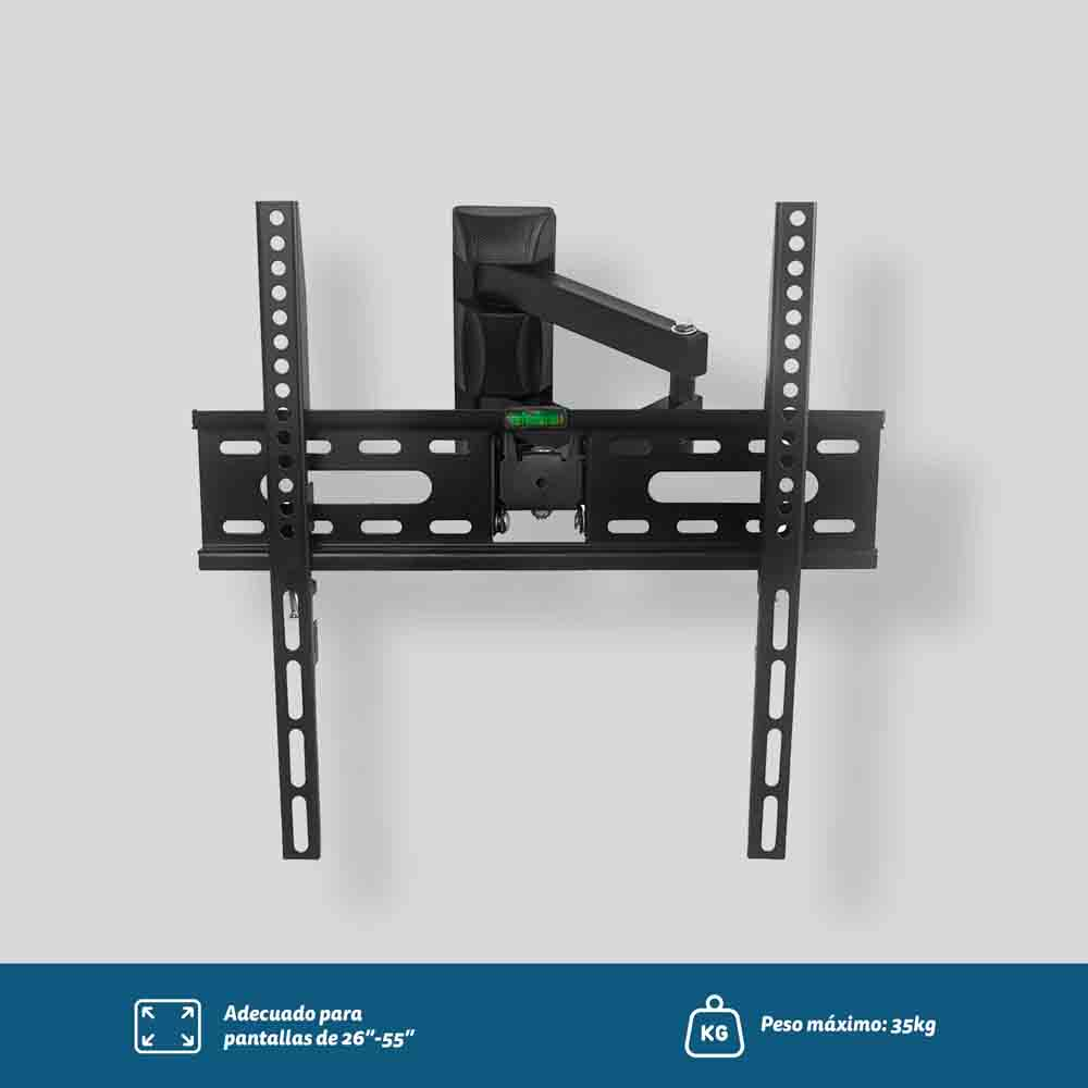 Soporte de pared negro para TV. Para pantallas de 26-55 pulgadas. Peso máximo 35 kg. Tiene 2 brazos verticales.