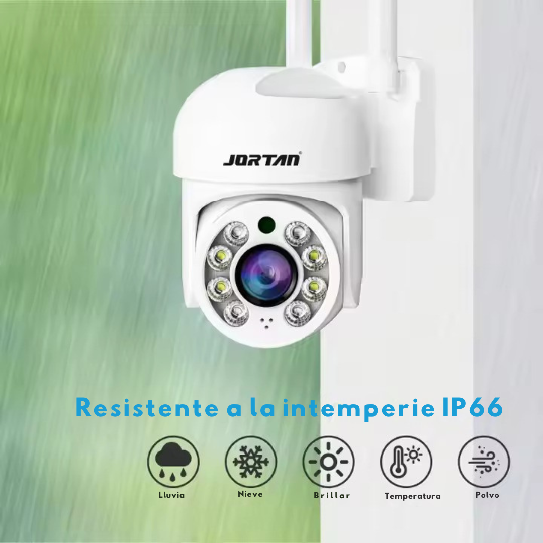 Telecamera di sicurezza bianca con antenna bianca e logo 'JORTAN'.