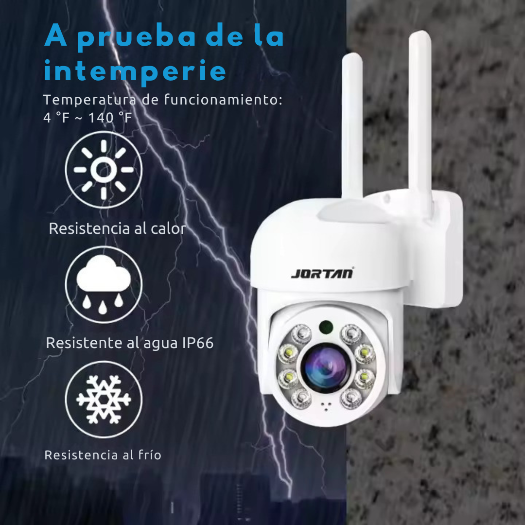 Telecamera di sicurezza JORTAN bianca con antenne e icone per le caratteristiche: calore, pioggia e freddo.