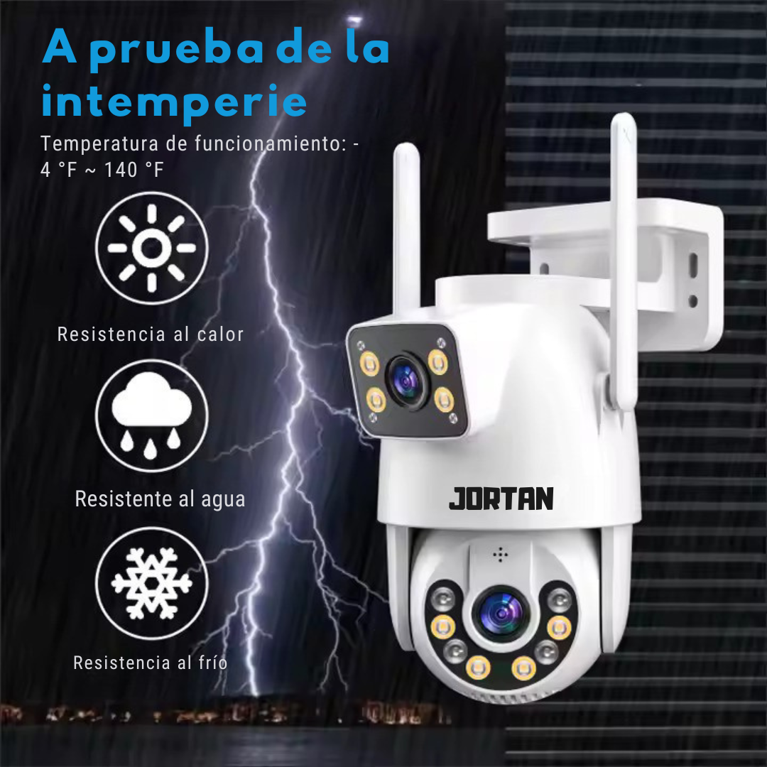 Una cámara de seguridad para exteriores blanca con texto. Tiene una antena y es resistente al agua.