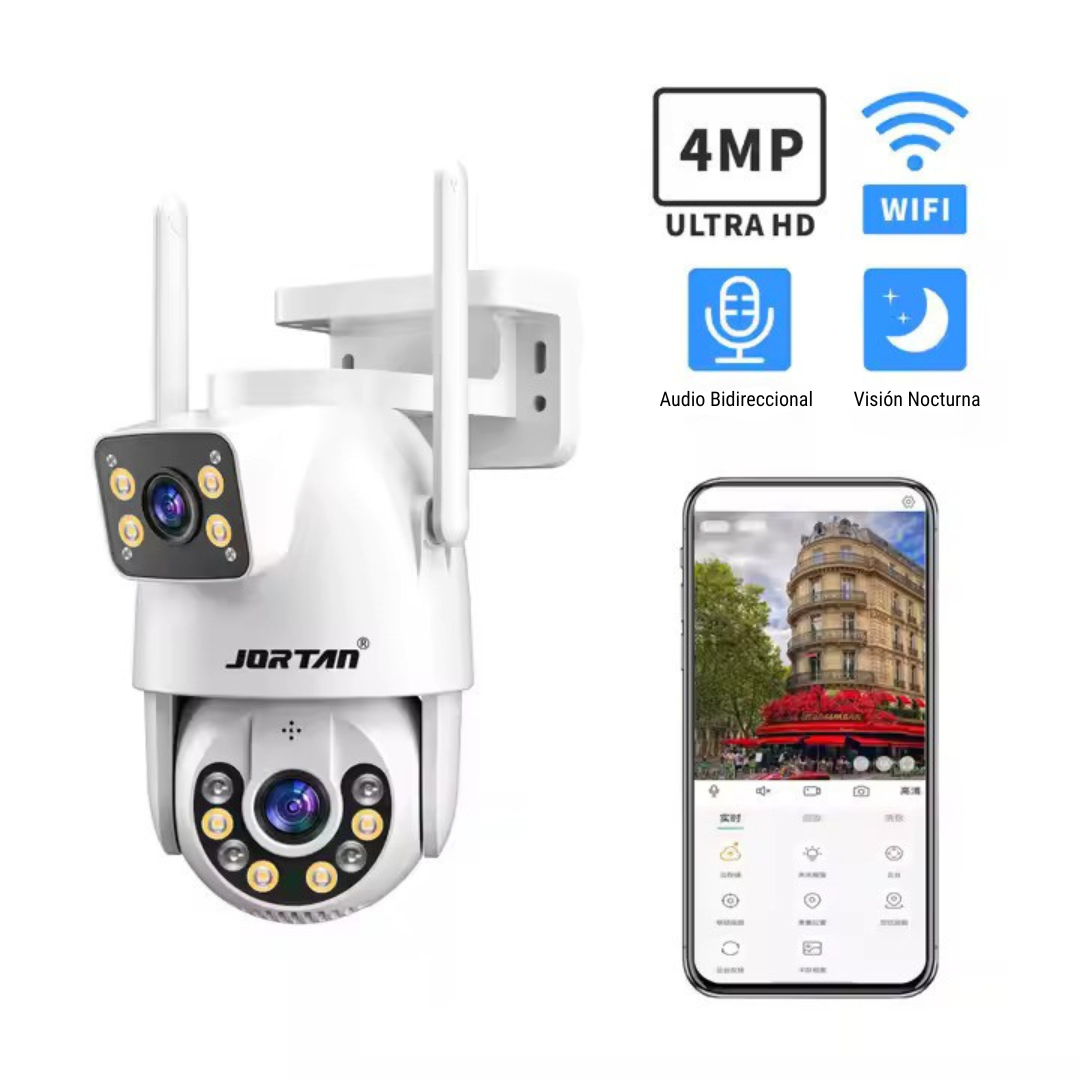 Cámara de seguridad JORTAN blanca. Incluye teléfono mostrando escena calle y funciones de cámara.