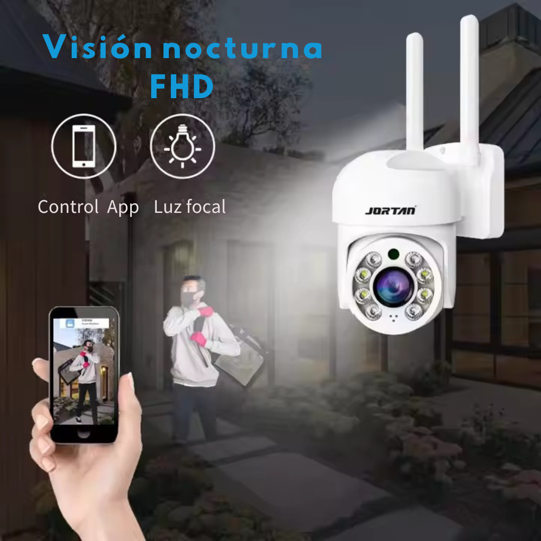 Telecamera di sicurezza su un muro. L'immagine mostra una persona con un telefono. Testo: Vision nocturna FHD.