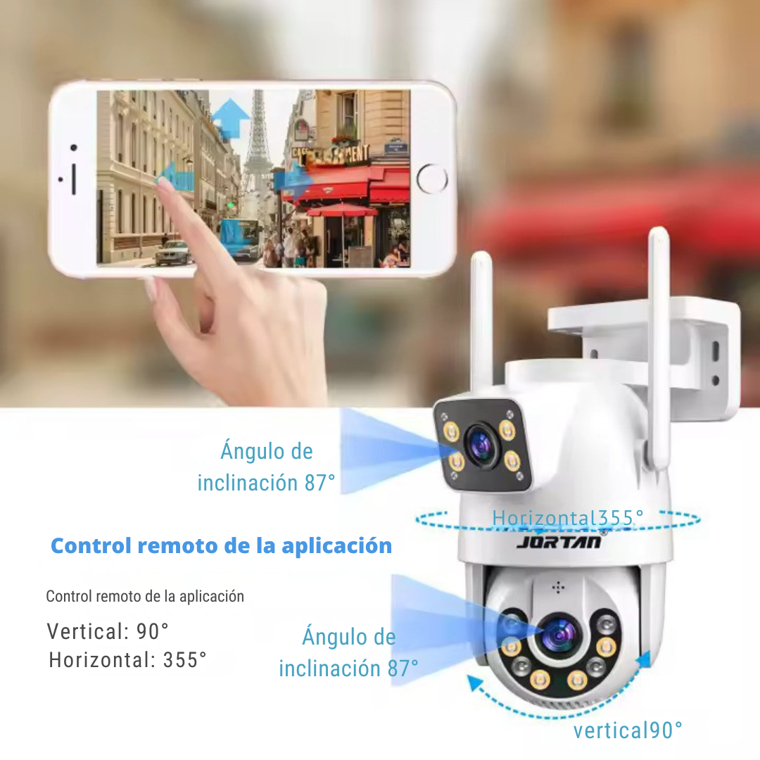 Una cámara de seguridad con un teléfono que muestra una escena de la calle. Flechas indican ángulos de inclinación y rotación.