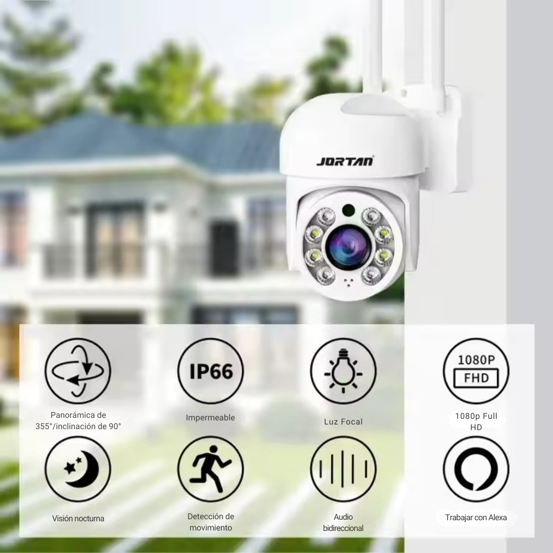 Una telecamera di sicurezza JORTAN bianca con molteplici funzioni come la visione notturna e il rilevamento del movimento.