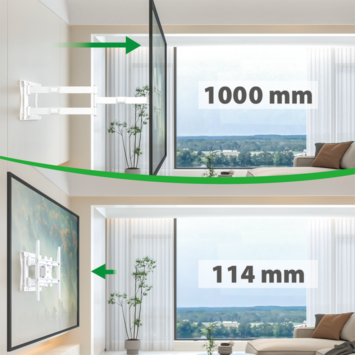 Twee afbeeldingen die een tv aan de muur tonen, met afmetingen en groene pijlen.