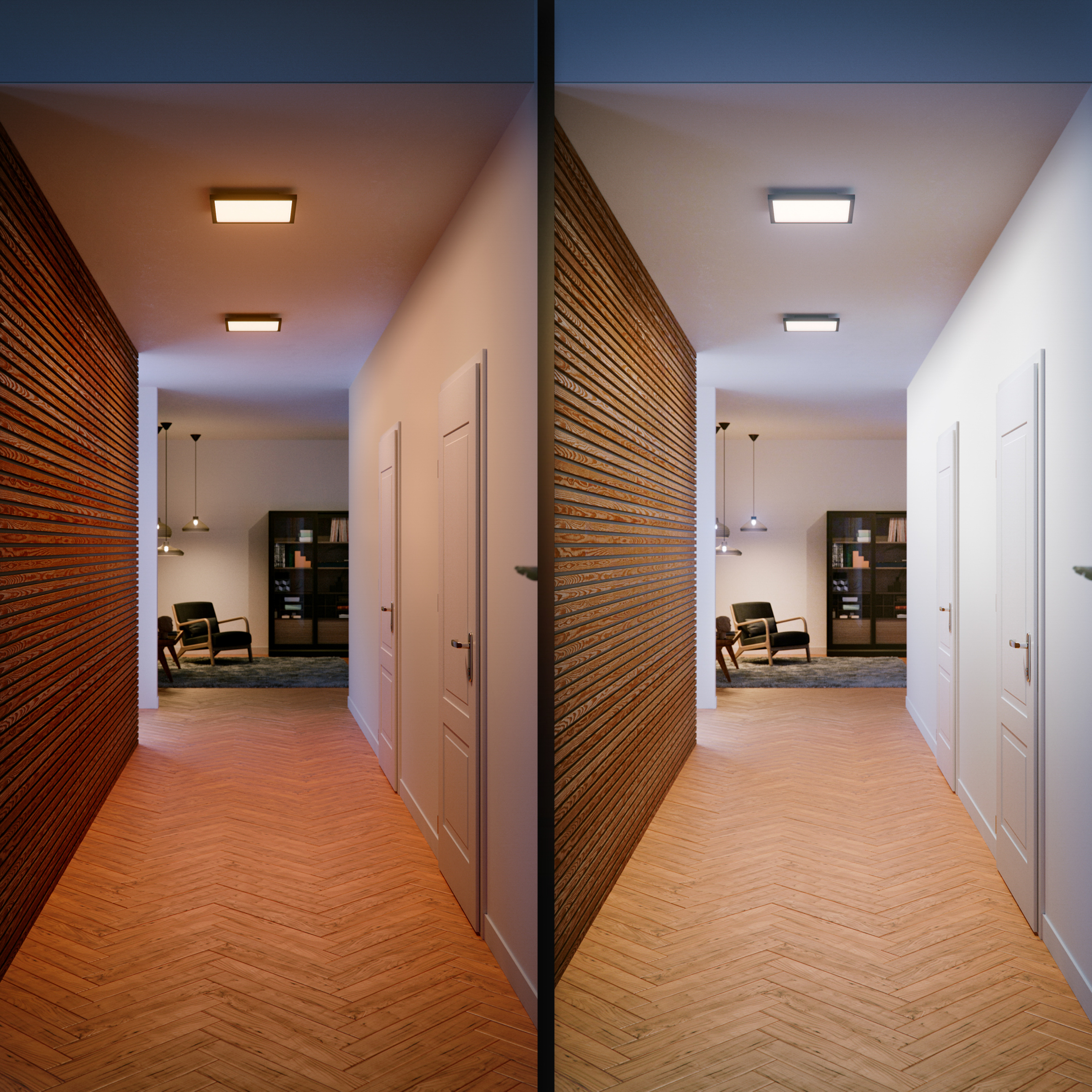 Un corridoio con una parete in pannelli di legno e una parete bianca, illuminato da luci a soffitto.