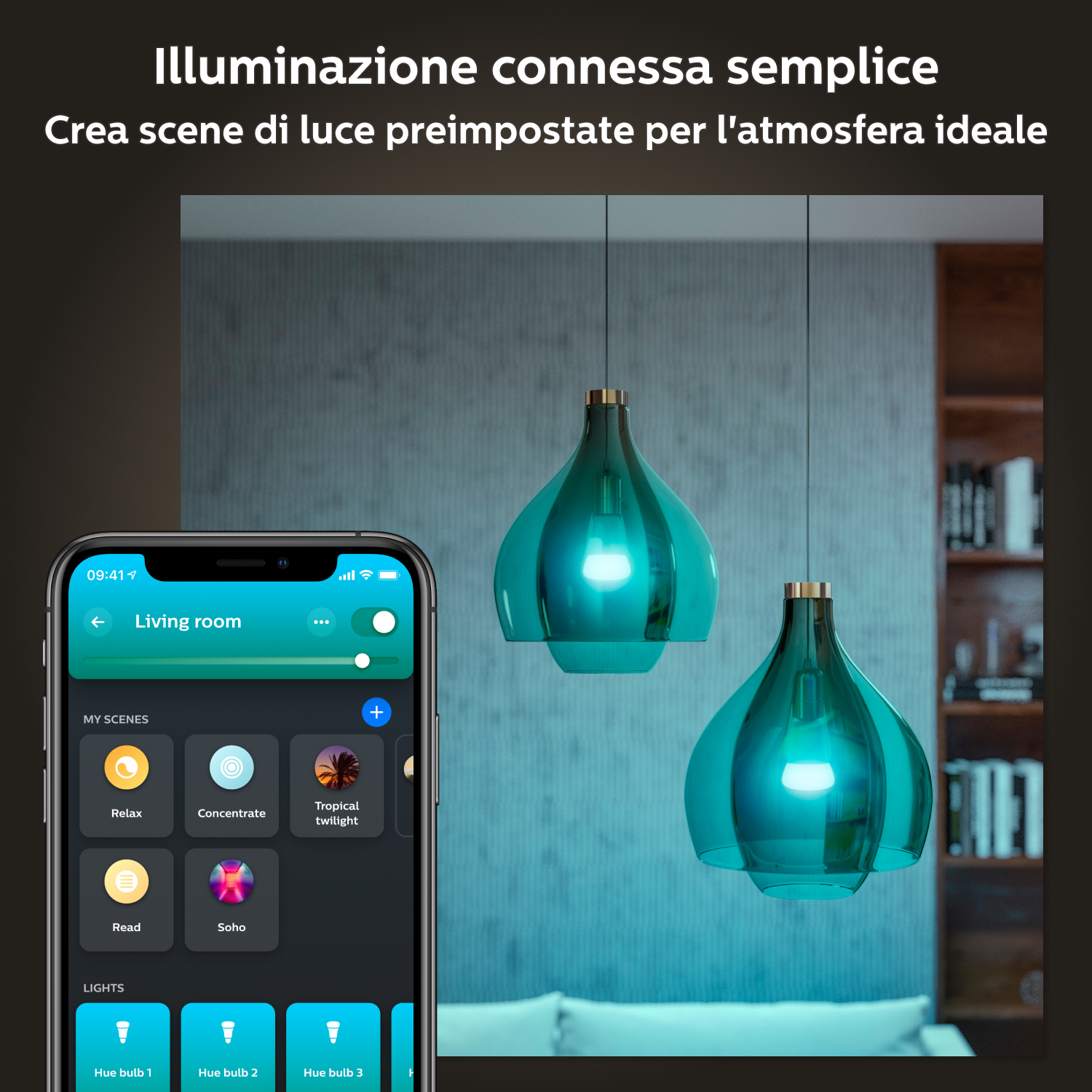 Interfaccia dell'app per smartphone che mostra il controllo delle luci intelligenti, con due lampade a sospensione verde acqua sullo sfondo.