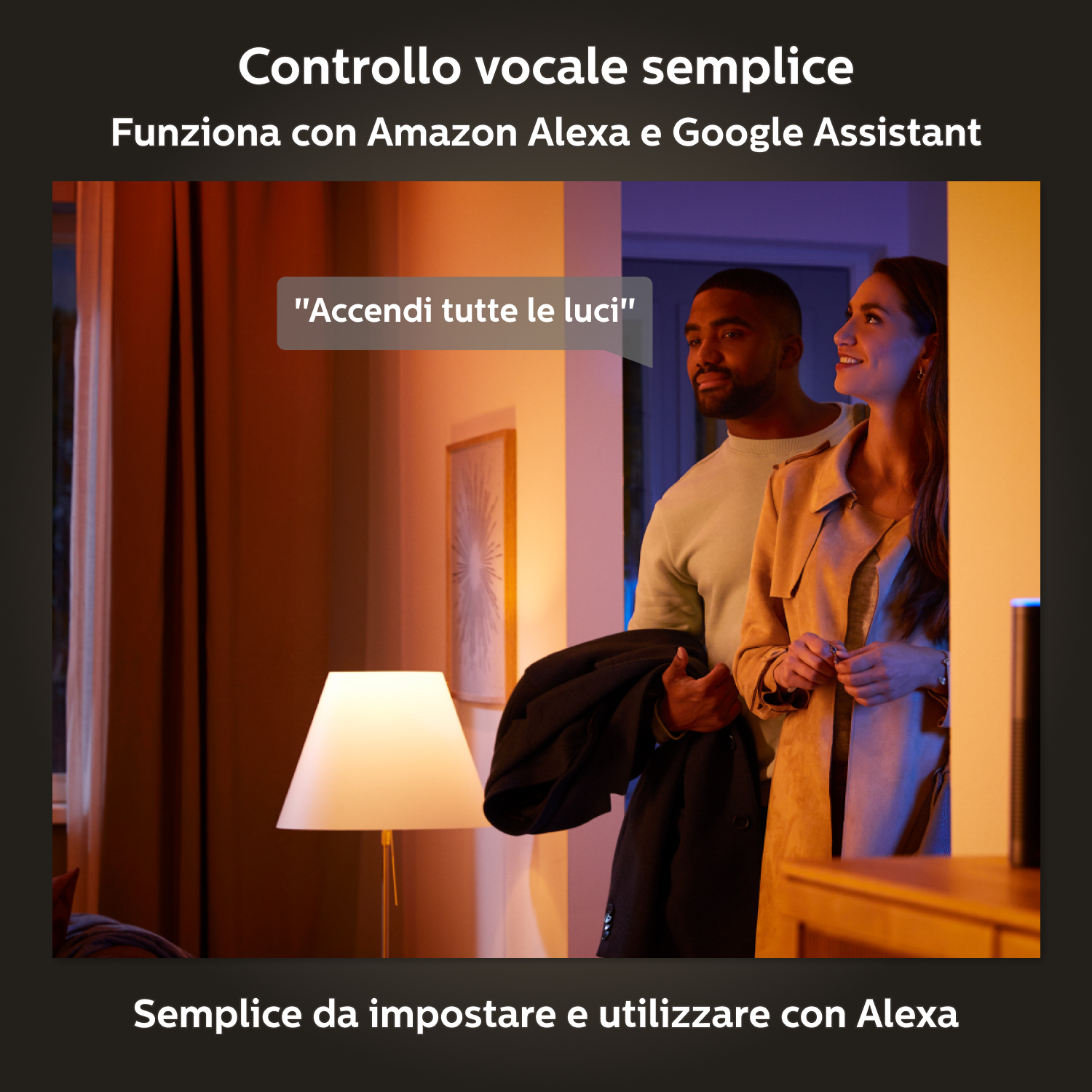 Una coppia in piedi in una stanza. Una lampada è accesa. La nuvoletta di testo dice: "Accendi tutte le luci". Controllo vocale.