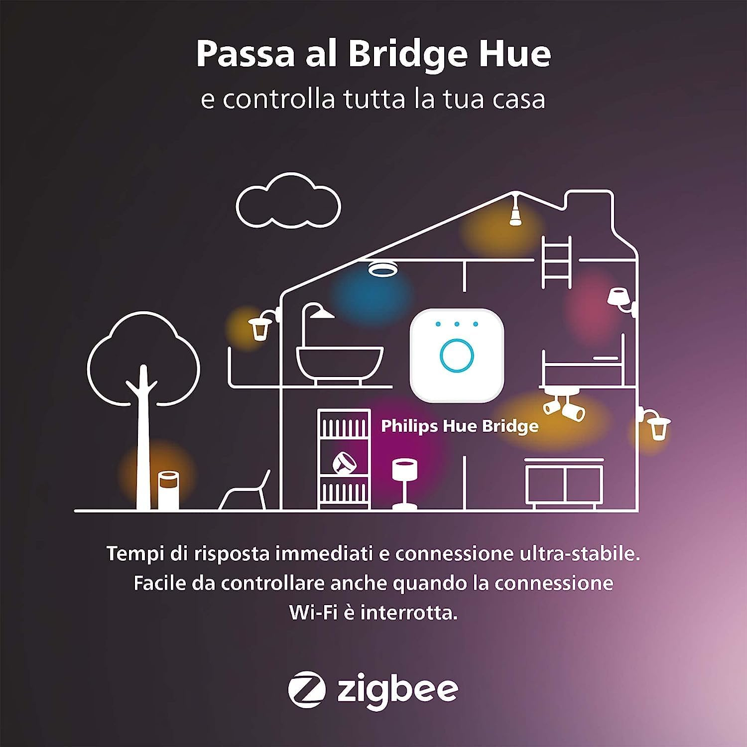 Disegno a linea di una casa con luci all'interno. Testo: Passa al Bridge Hue e controlla tutta la tua casa. Logo Zigbee.