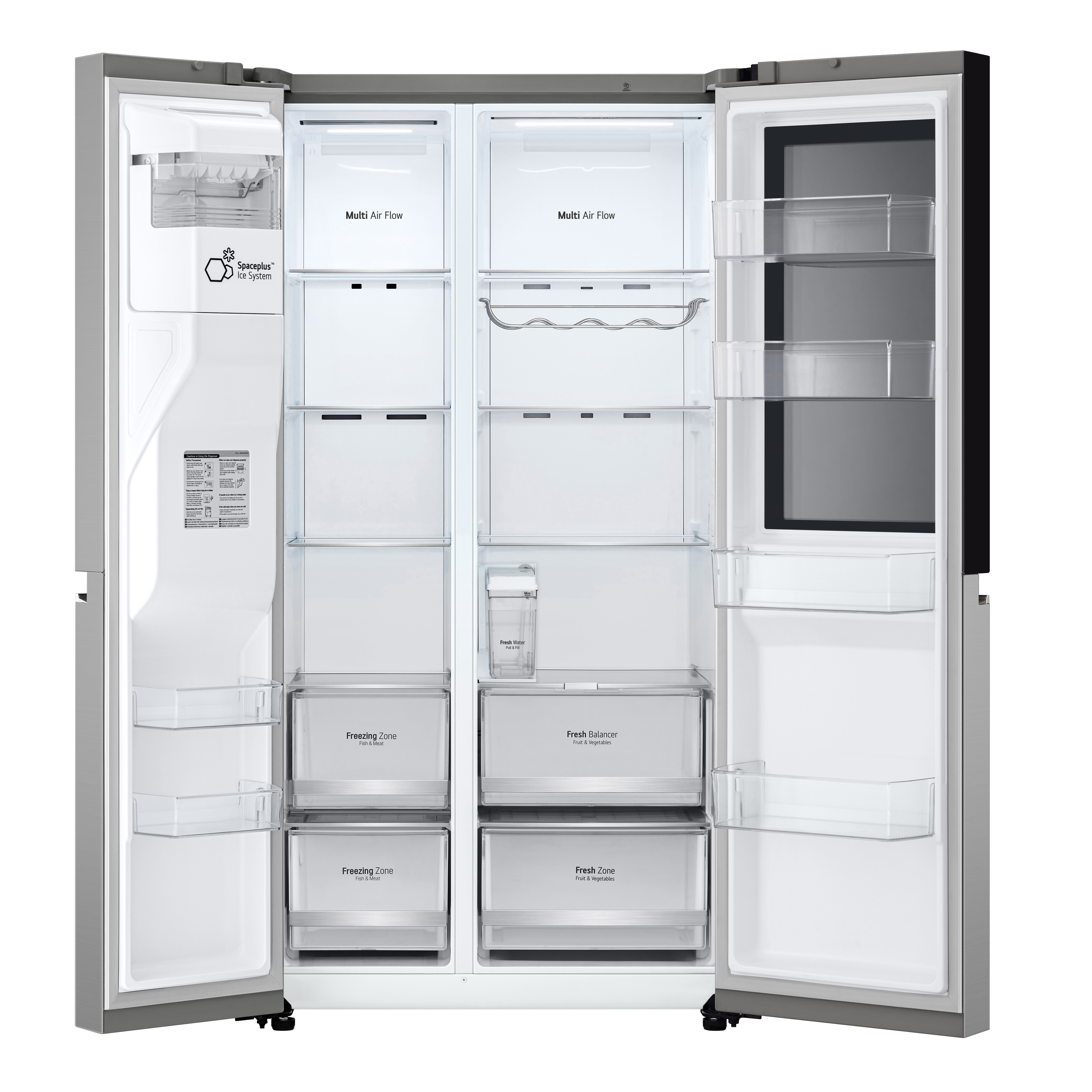 Geöffneter Kühlschrank mit mehreren Regalen, Schubladen und Wasserspender.