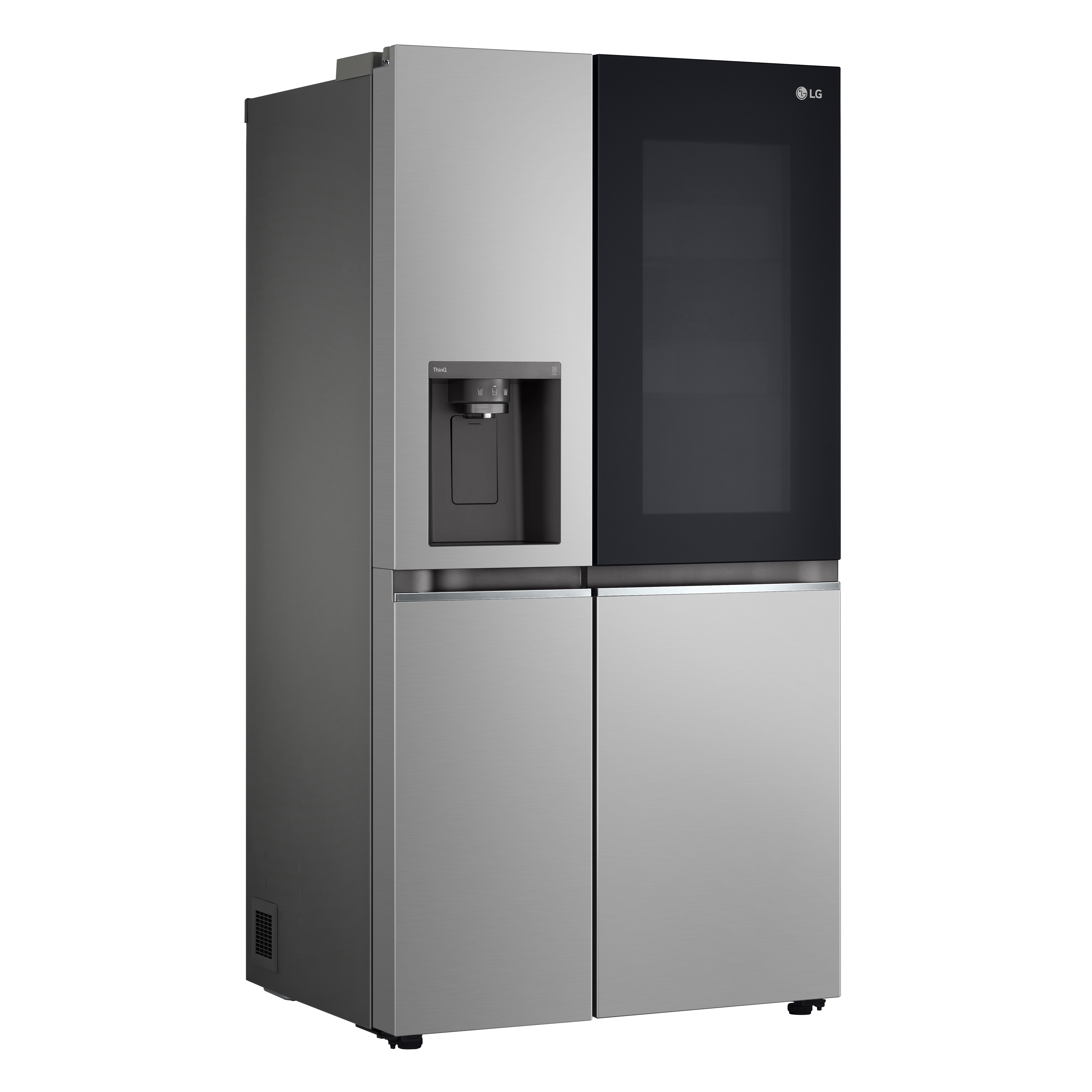 Ein Edelstahl-LG-Kühlschrank mit schwarzer Glastür an der Seite.