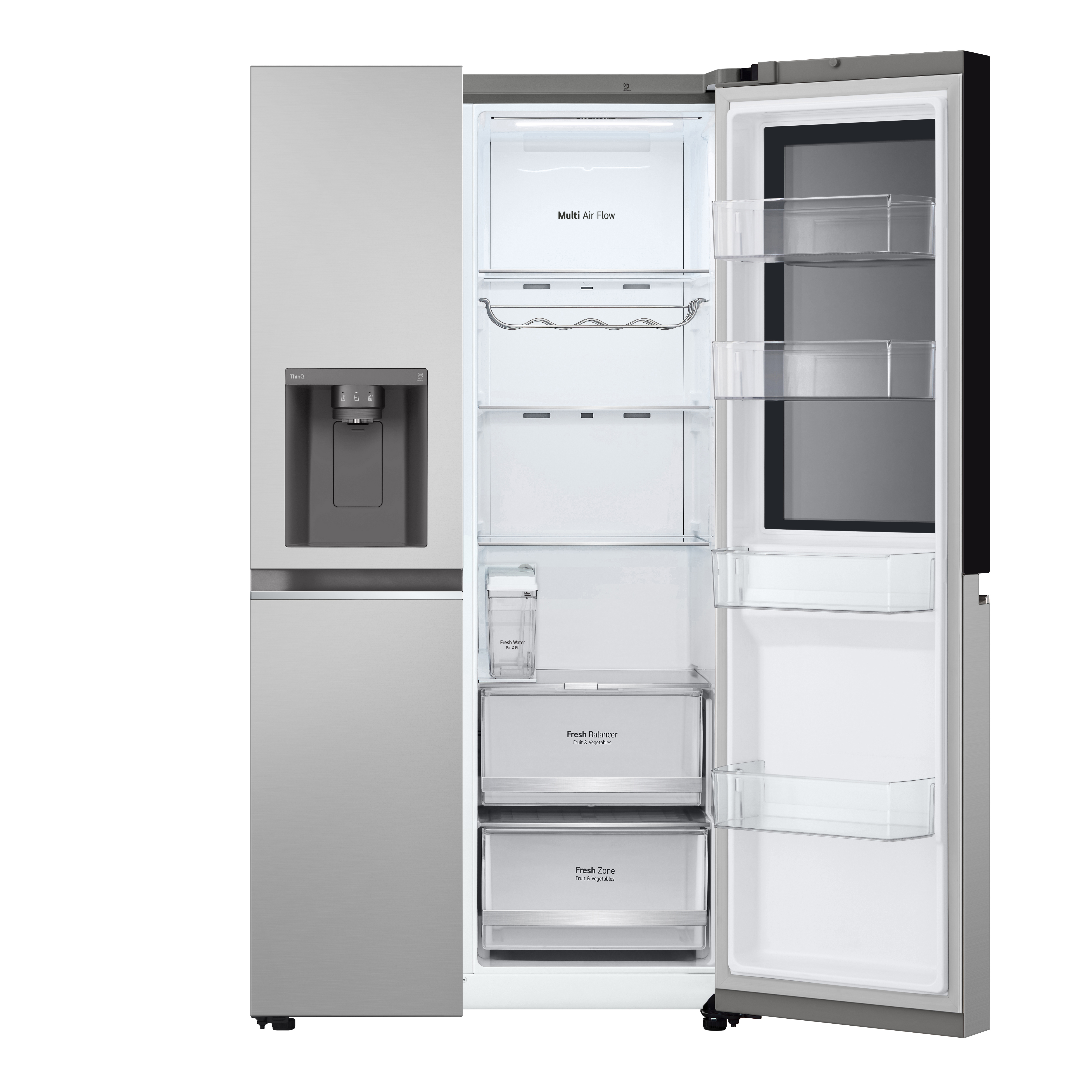 Ein silberner LG-Kühlschrank mit geöffneten Türen, der Regale und Schubladen zeigt.