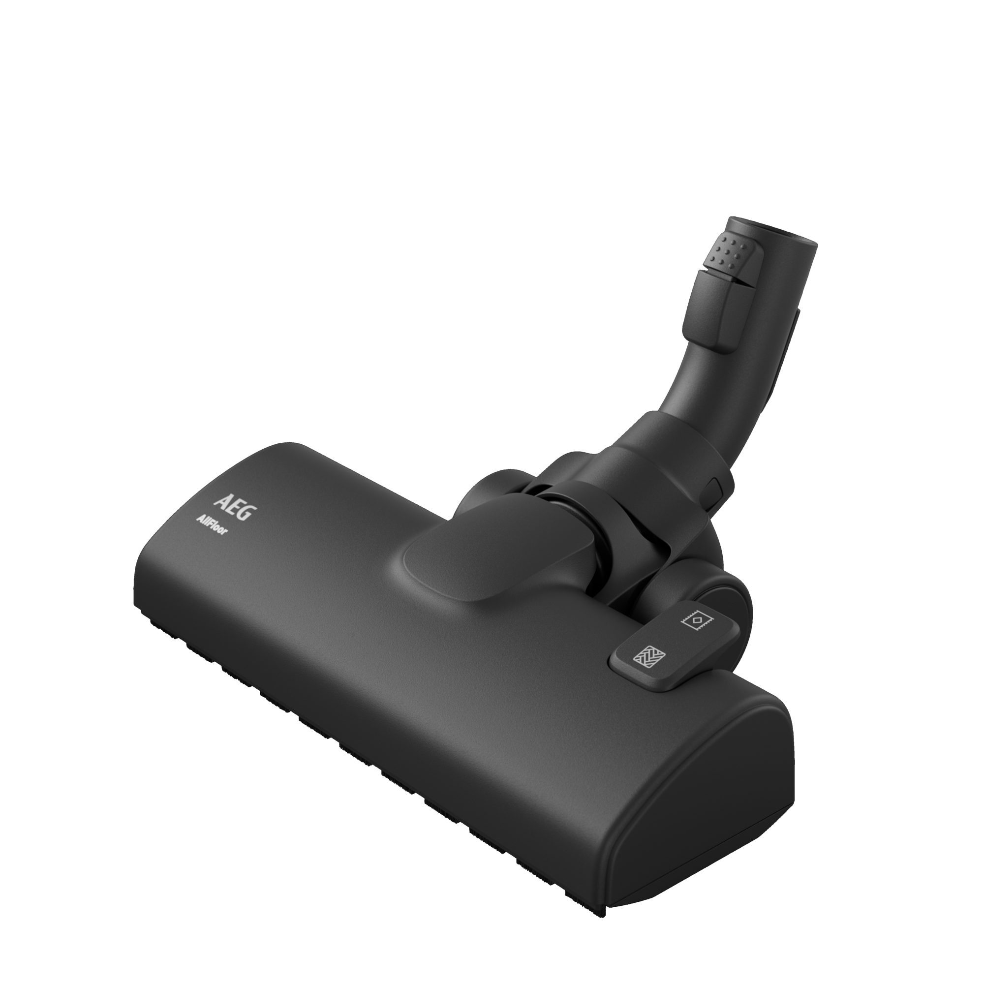 Czarna głowica odkurzacza AEG na czarnym tle, pod kątem z przyciskiem i pokrętłem.