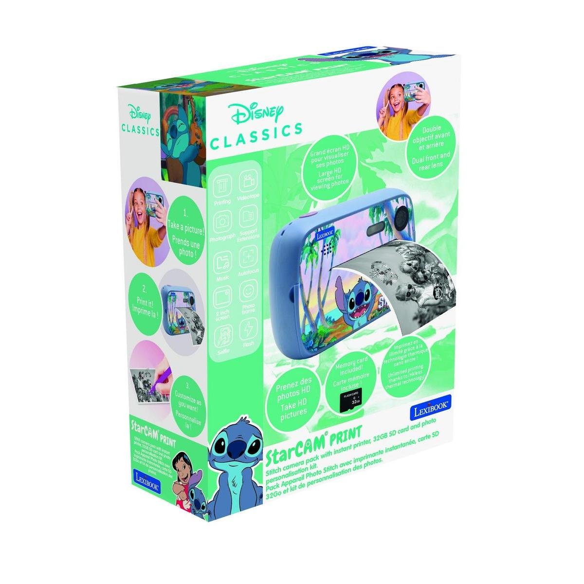 Pudełko z aparatem Disney Stitch z niebieskim aparatem i zdjęciami Stitcha.