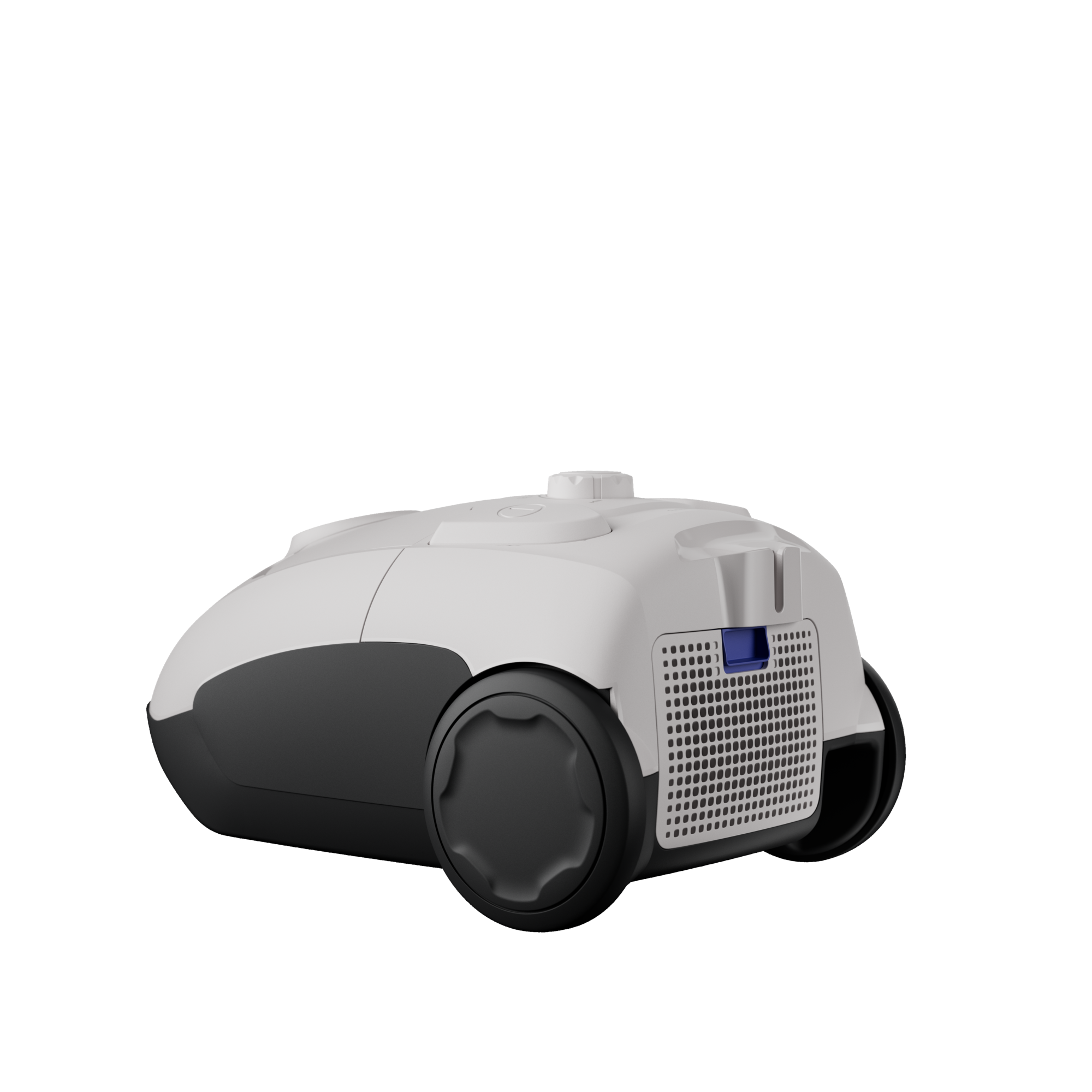 Biały i szary odkurzacz z czarnymi kołami.