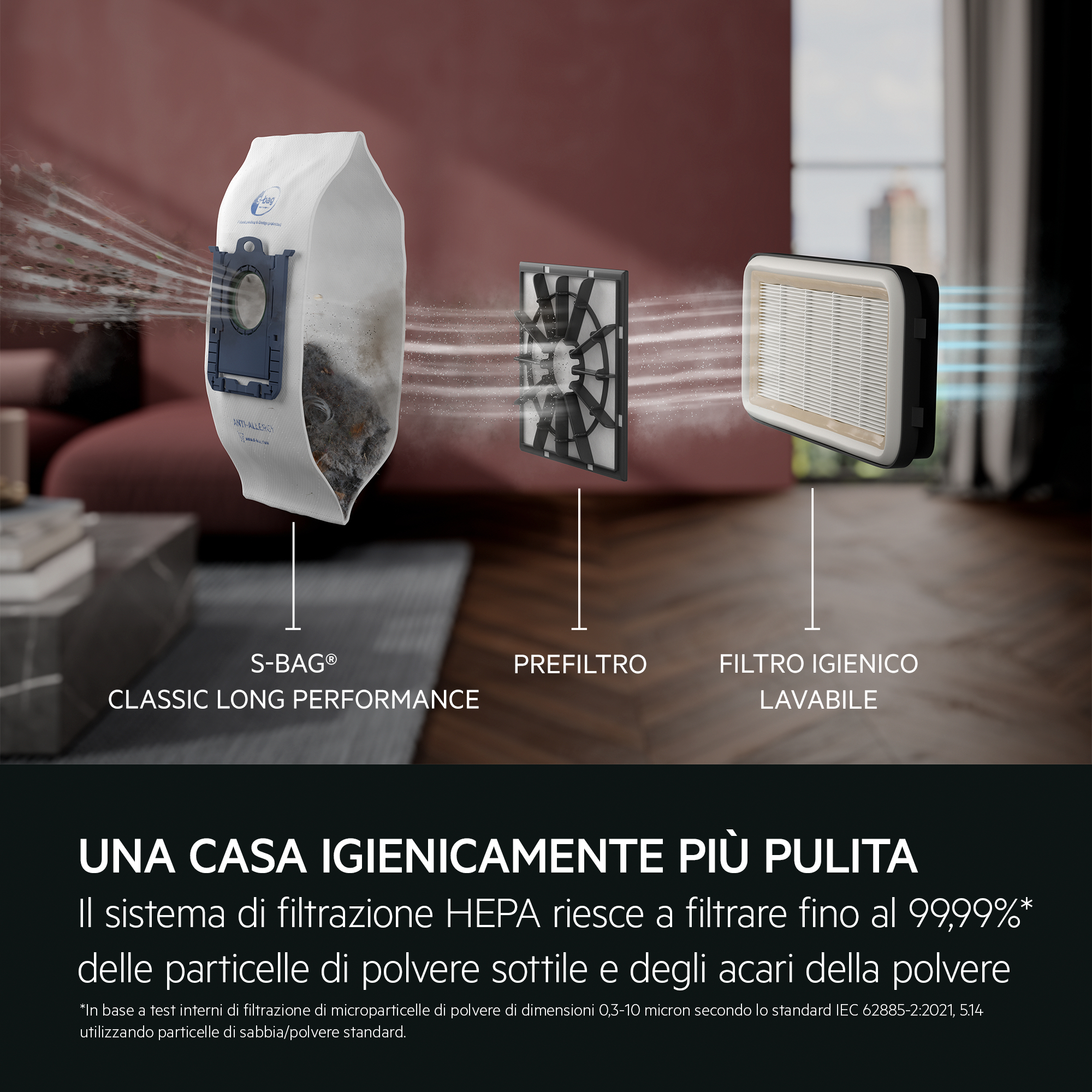 Filtros de aspiradora con bolsas, prefiltro y filtro lavable. Texto sobre filtración HEPA.