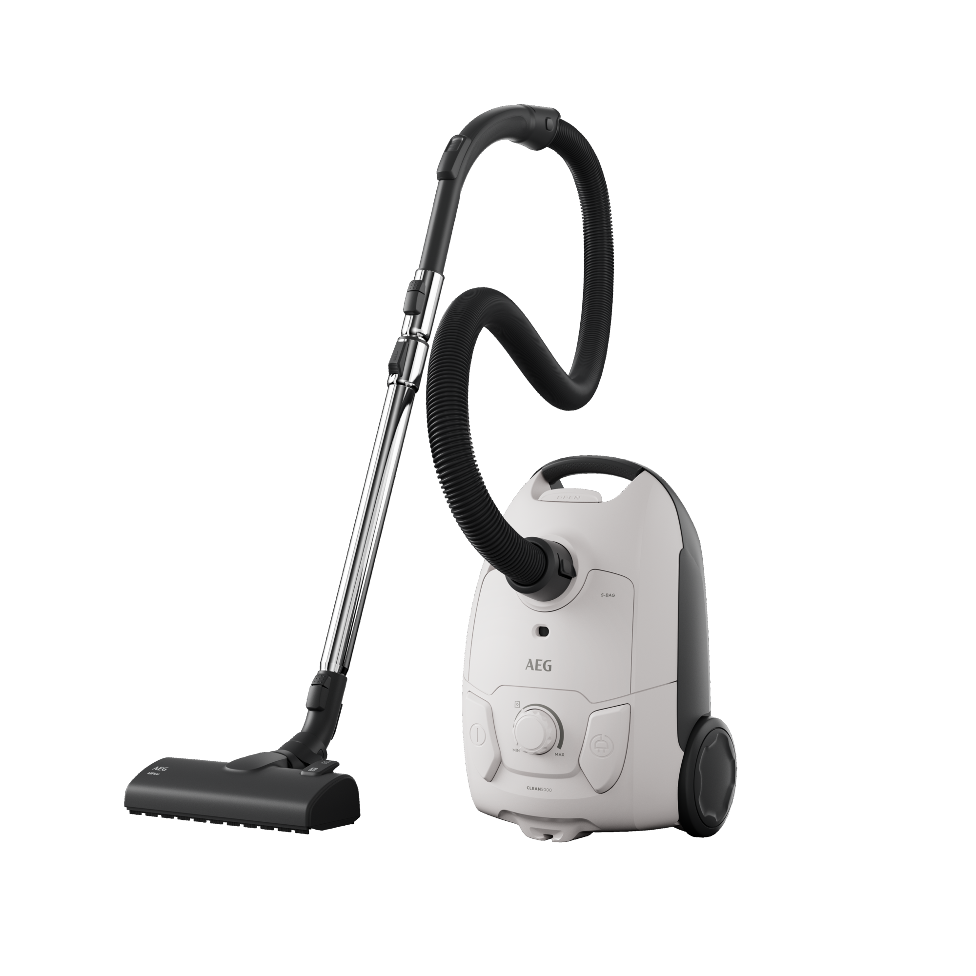 Biały odkurzacz AEG z czarnym wężem i uchwytem. Na czarnym tle.