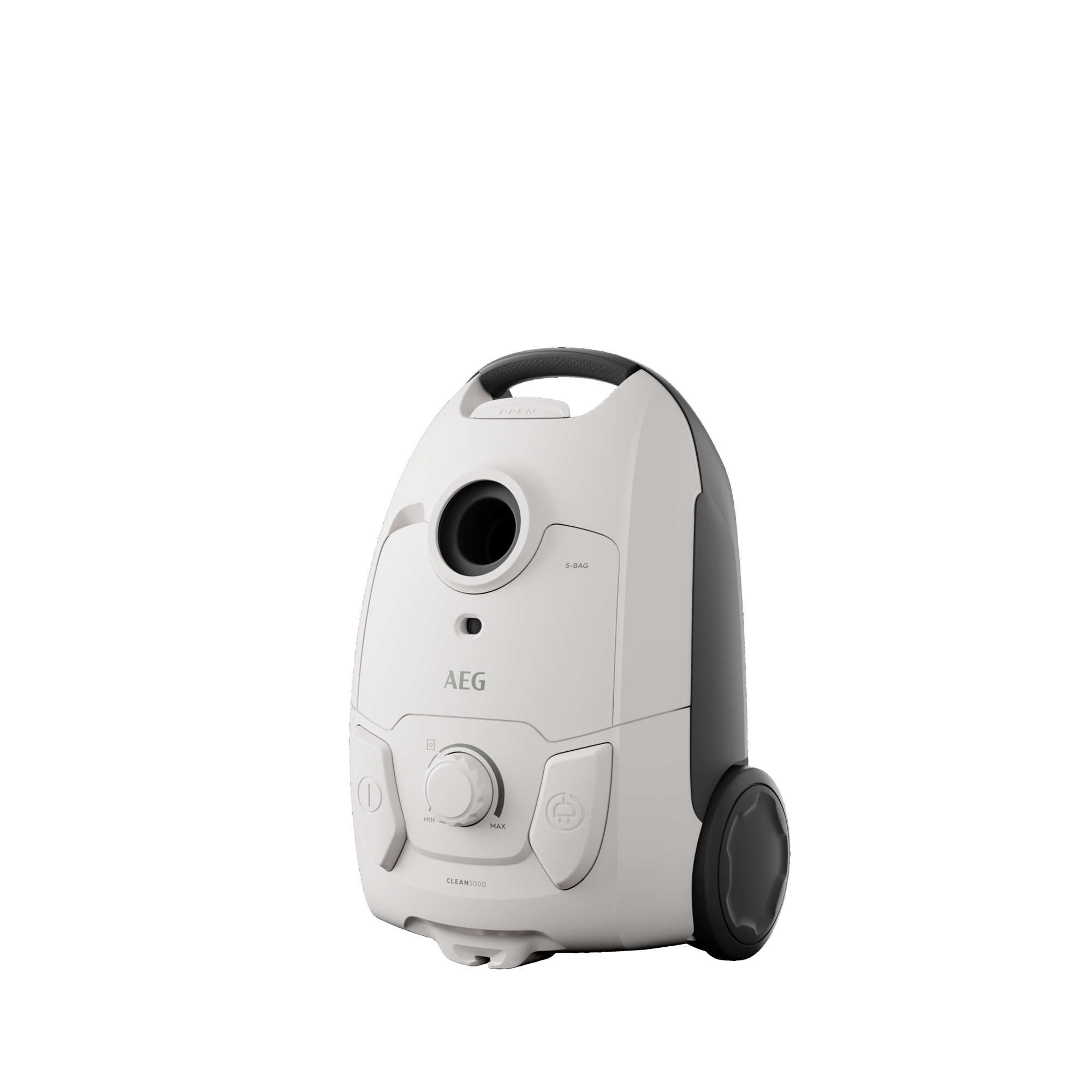 Biały i szary odkurzacz AEG na czarnym tle.