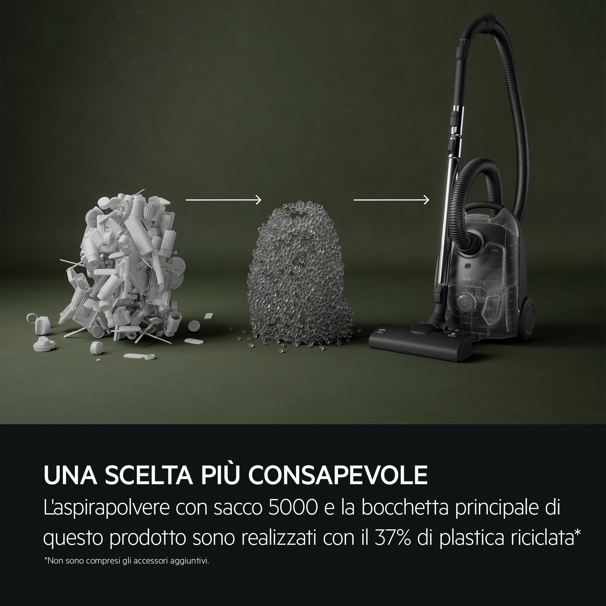 Aspiradora con manguera y un montón de residuos. La imagen muestra el proceso de reciclaje de la aspiradora.