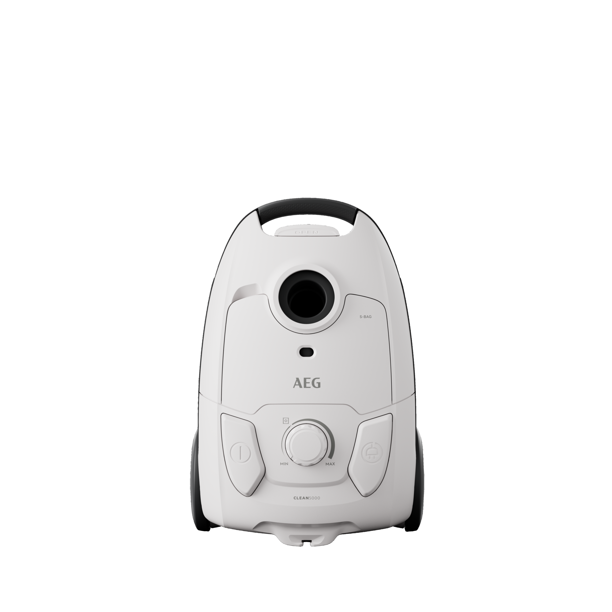 Biały odkurzacz AEG na czarnym tle. Przód pokazuje przyciski i pokrętło.