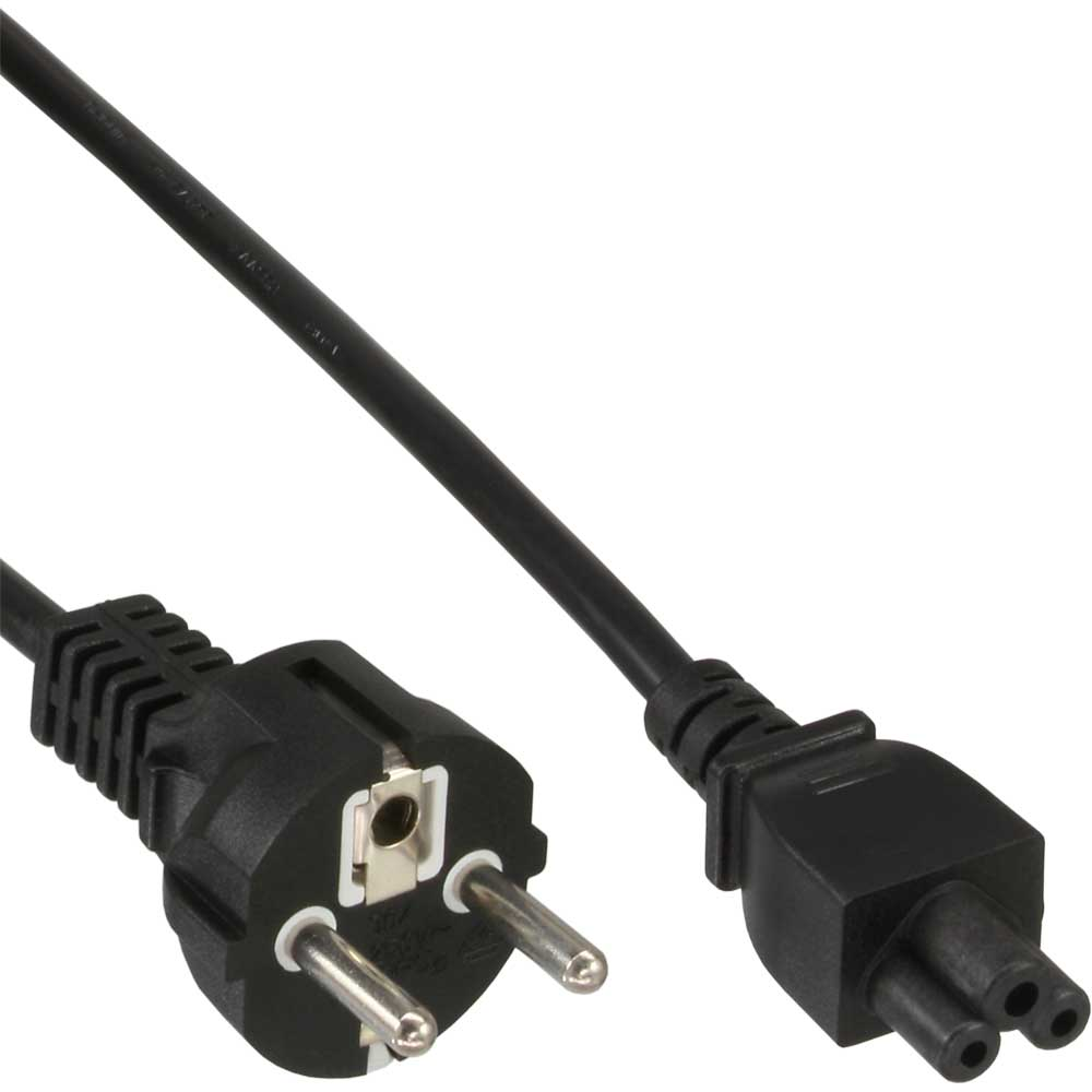 Ein schwarzes Netzkabel mit Eurostecker und C13-Stecker wird gezeigt.