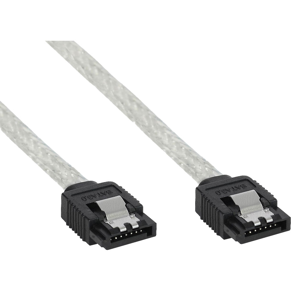 Cavo SATA argentato con connettori neri ad entrambe le estremità. Sfondo bianco.