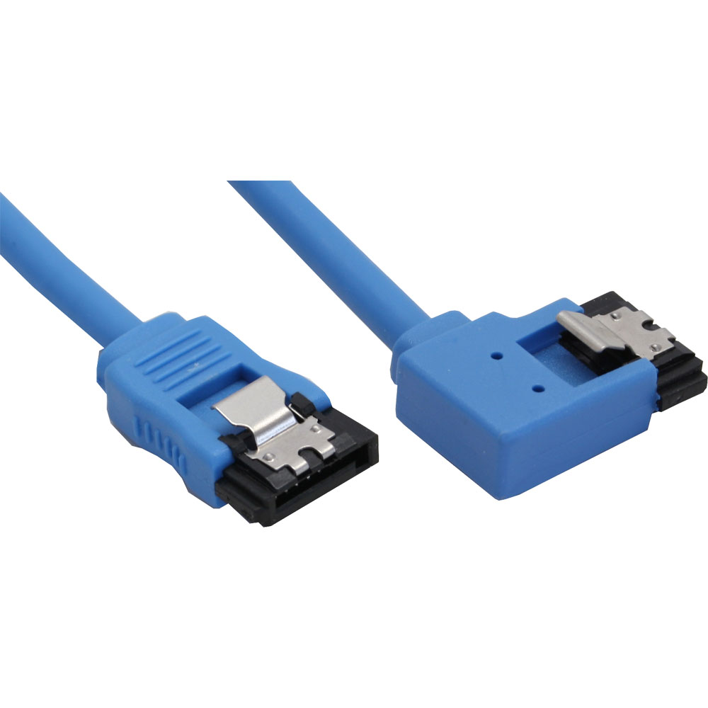 Cavo SATA blu con connettori angolati. Connettori neri su entrambe le estremità.