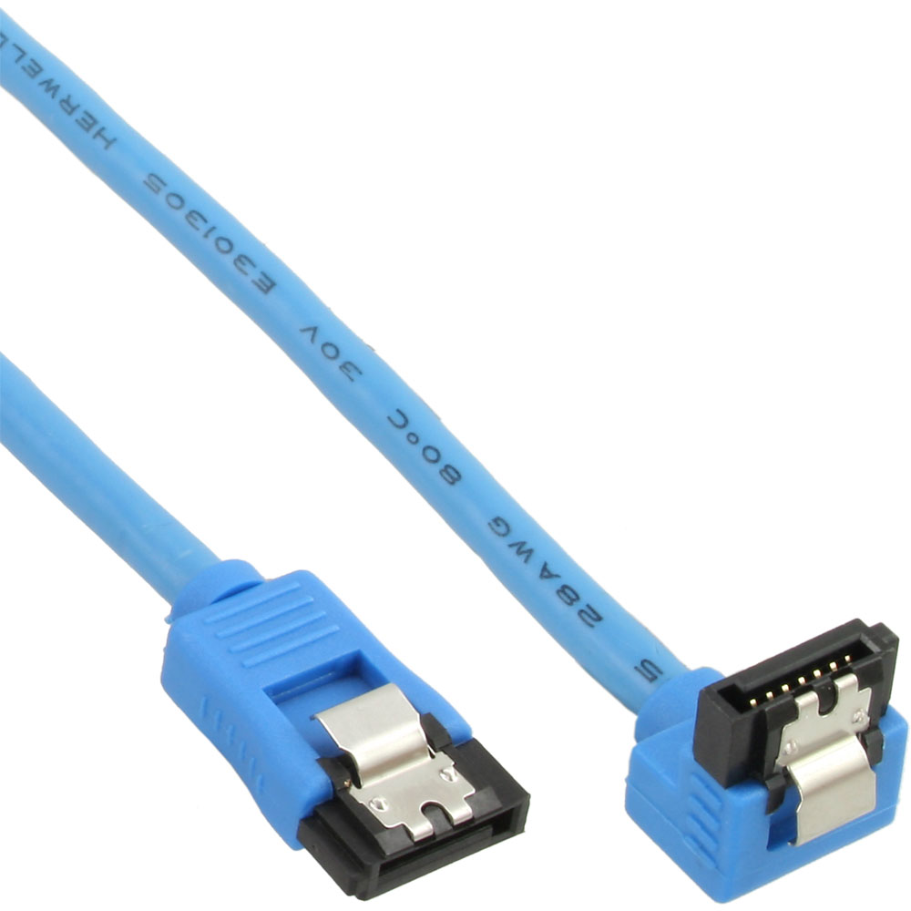 Un cavo SATA blu con connettori su ciascuna estremità è mostrato.