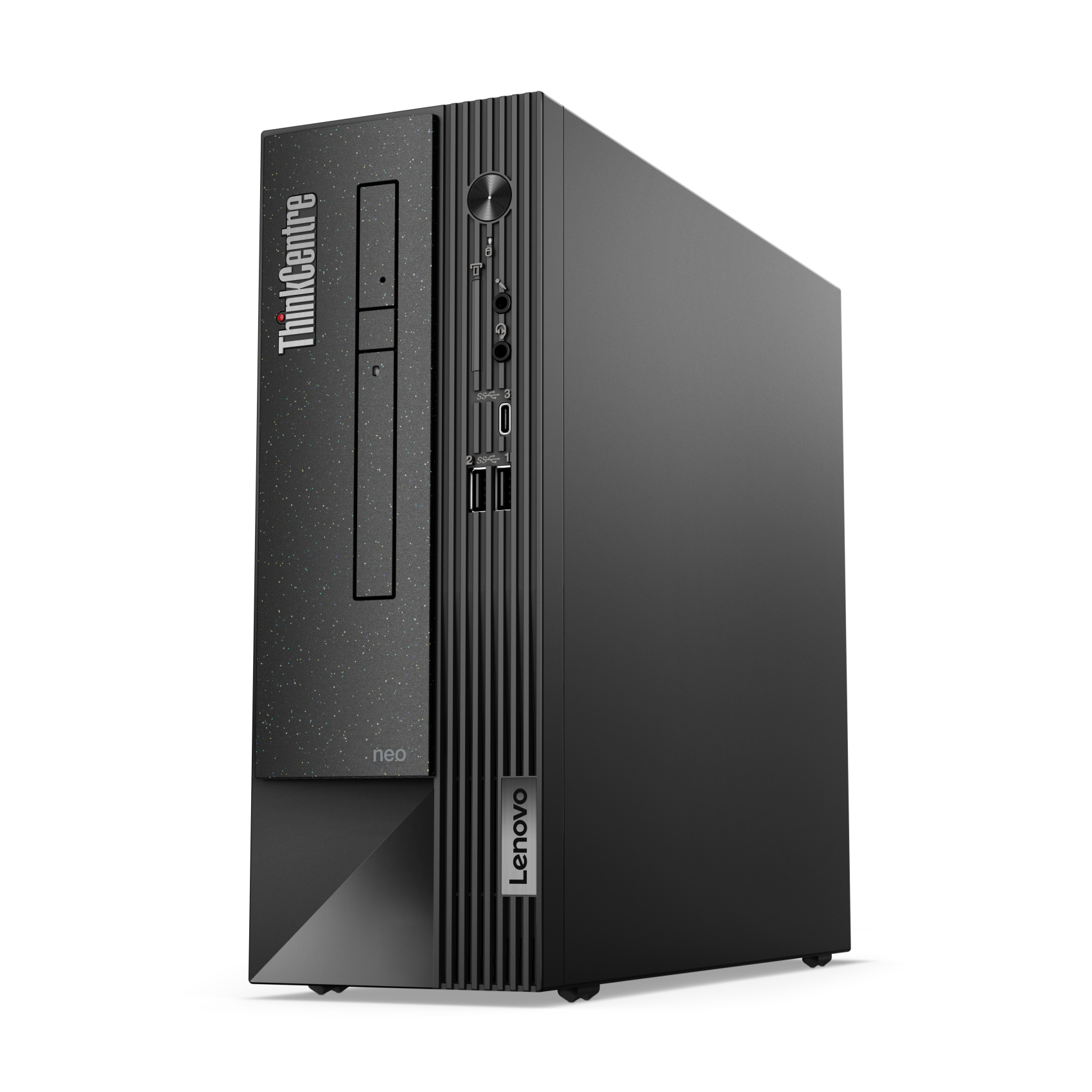Black Lenovo desktop computer. Vertical design with ports and buttons on the front.