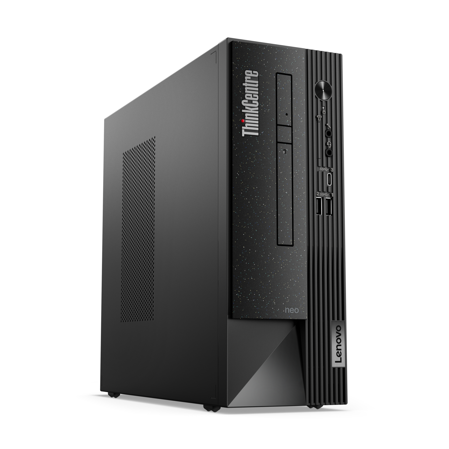 Black desktop computer tower with Lenovo ThinkCentre branding. Features front panel design and ports.