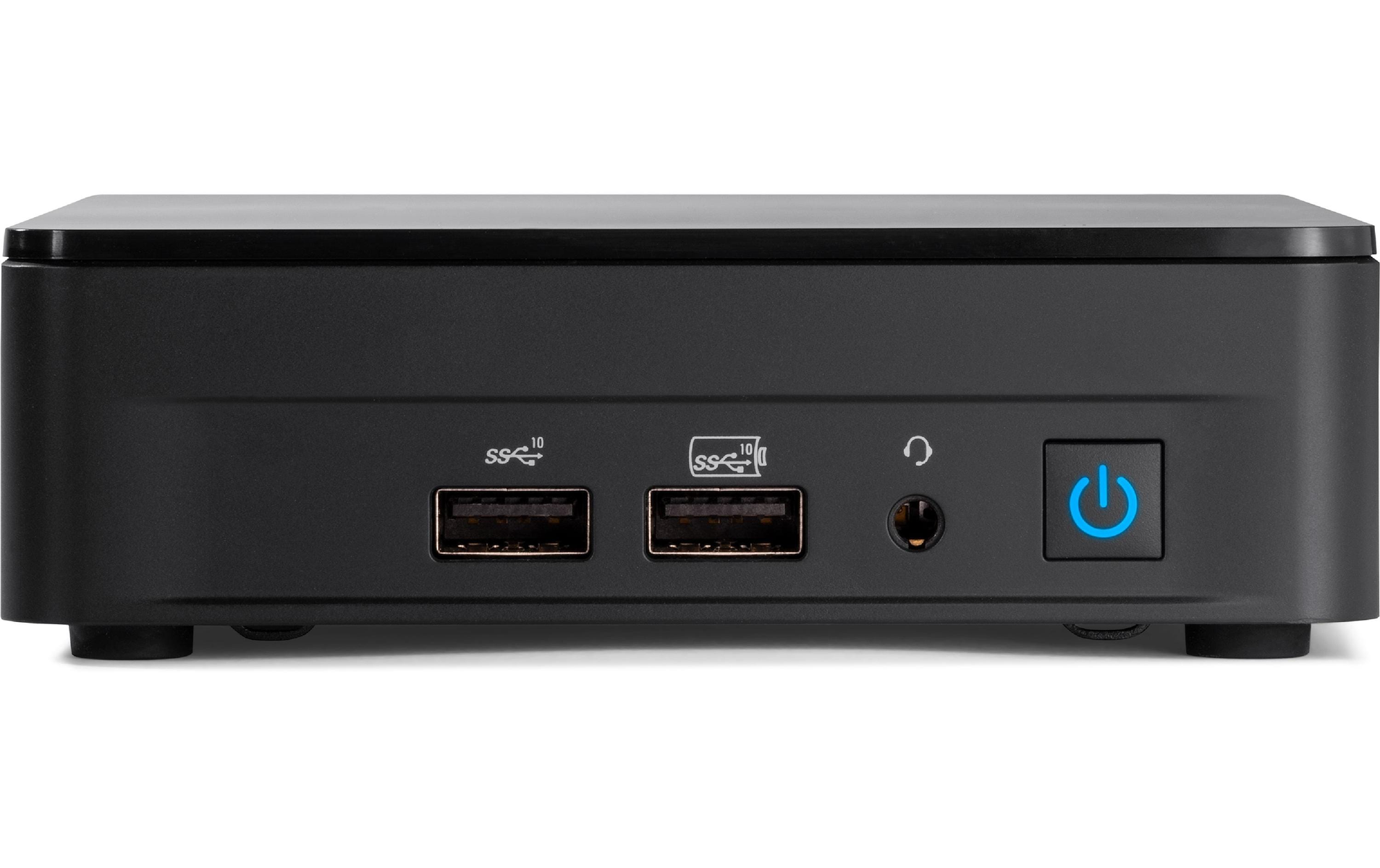 Czarny mini PC z portami USB, gniazdem audio i niebieskim przyciskiem zasilania na przednim panelu.
